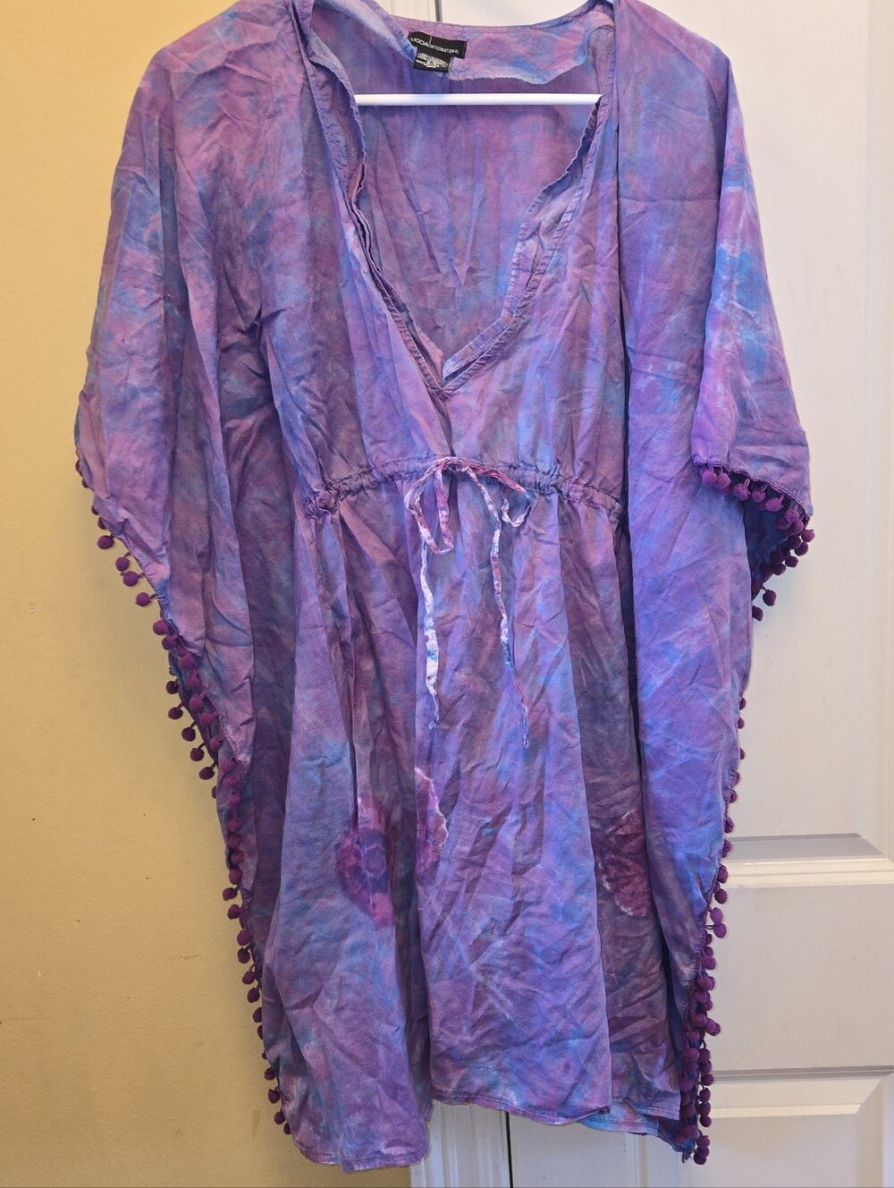 Moda International Women's Purple and Blue Tie-Dye Coverup Pom Pom Trim Caftan